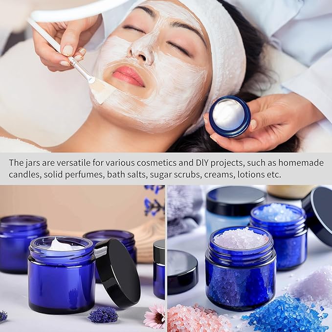 KEYWING 4oz Blue Glass Cosmetic Jars with Black Lids, 24 Pack Empty Small Glass Jars with Inner Liners for Cream, Lotion, Ointments, Powder