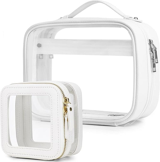 Pinkmik Travel Makeup Bag Set Portable Clear Cosmetic & Toiletry Case Women's Purse Organizer and Car Essentials with Zipper (White, M+MINI-2)