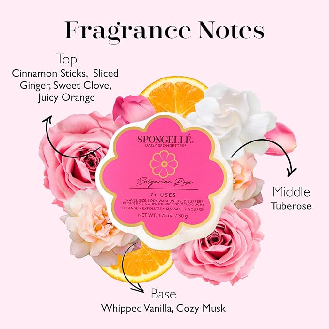 Spongelle Daisy Spongette Bulgarian Rose Wild Flower Buffer Body Scrubber | Bath & Shower Loofah for Women | Exfoliator with Body Wash Infused Sponge | 14+ uses