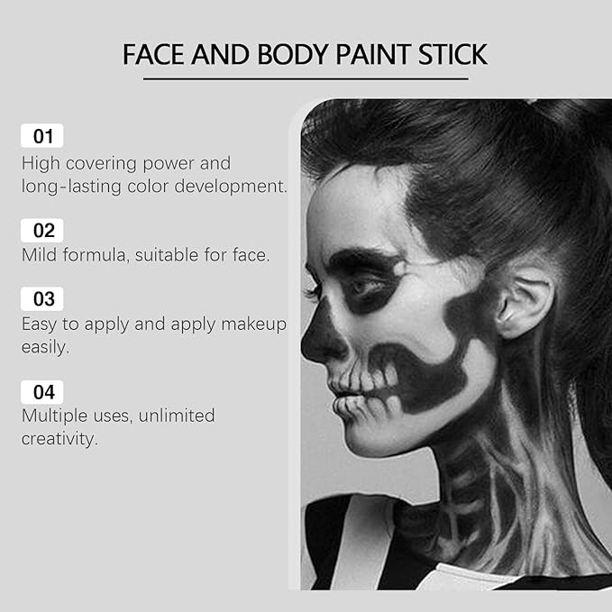 Halloween Face Body Paint For Adults, Black White Face Body Paint Stick Kit For Sfx Makeup Cosplay Joker, Skeleton Makeup