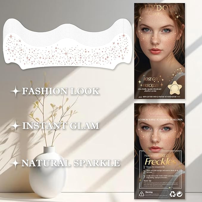 Glitter Freckles, Holographic Face and Body Glitter Tattoo Sparkle for Women Gold Glow Cosmetic Star Makeup Accessories for Festival Rave (12pcs Rosegold)