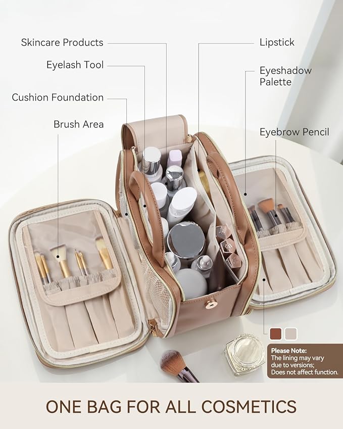 Prite Makeup Bag for Women, Large Capacity Waterproof Travel Cosmetic Organizer, Portable Open Flat Toiletry Bag with Free-standing Brush Holder and Handle(Brown Large)