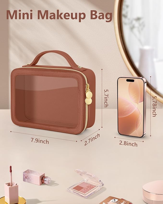 Clear Makeup Bag, Portable Travel Cosmetic Bags, Multipurpose Leather Toiletry Bag with Zipper, Waterproof Transparent Cosmetic Organizer for Women, Medium, Brown