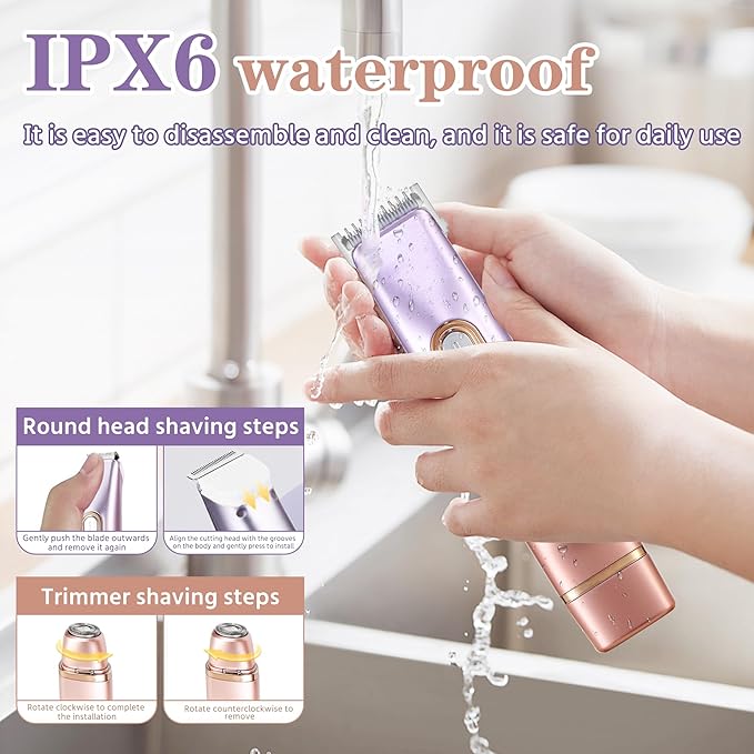 WNJ 2 in 1 Women Electric Shaver - Dual Head Bikini Trimmer - IPX7 Waterproof - Wet & Dry Use - Body Hair Trimmer and Facial Hair Remover for Bikini, Underarm Leg, Private Area, Arm, Body, Face