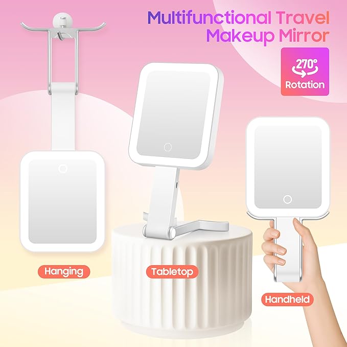 Magnifying Travel Mirror with Light, 30X/1X Double-Sided Magnifying Mirror with 3 Color Lights, Brightness Adjustable, Foldable Handheld Makeup Mirrors Portable for Travel and Desktop Use