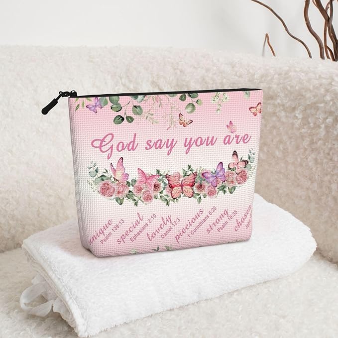 MOLAIGIN Prayers Religious Inspirational Positive Thoughts And Quotes Pink Rose Butterfly Cosmetic Bag For Women, Travel Makeup Bag, Toiletry Zipper Bag, Large Capacity Aesthetic Cases