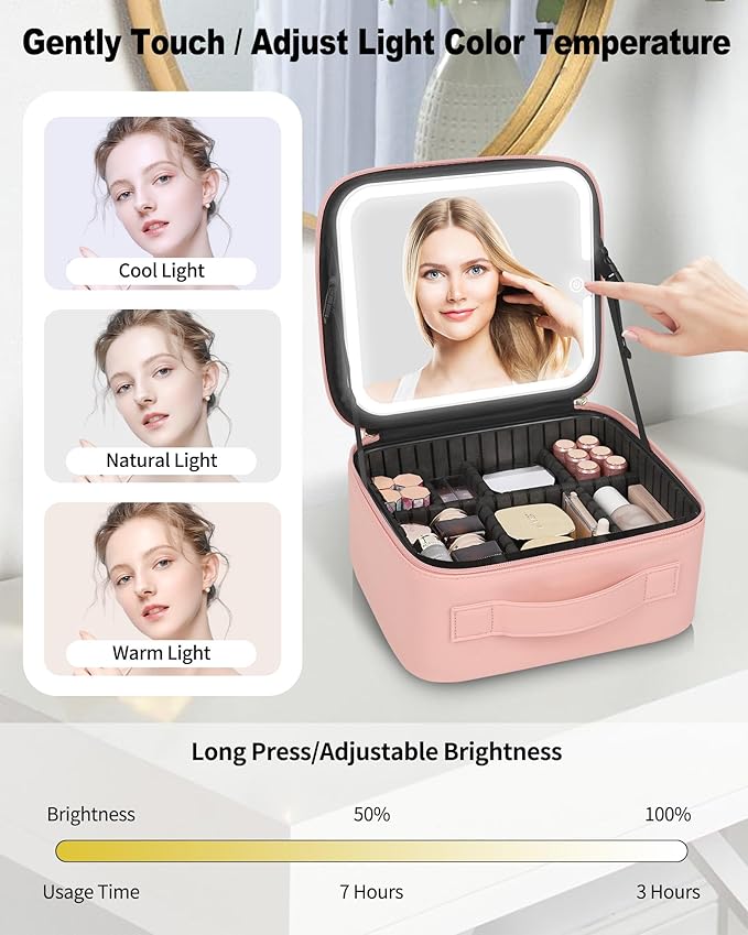 Makeup Bag With LED Mirror, Travel Makeup Case with Light up Mirror Large Cosmetic Case with 3 Color Lighted Portable Professional Organizer Bag with Adjustable Dividers（Pink）