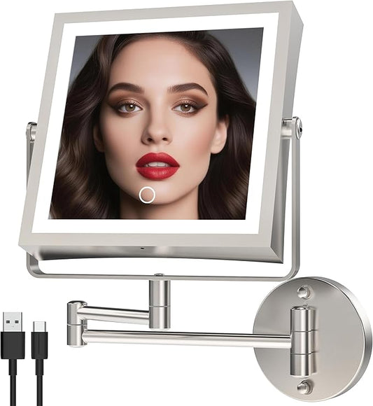 Rechargeable Wall Mounted Makeup Mirror with Lights, 4000mAh Double Sided 1X/10X Magnifying Vanity Mirror with 3 Color Lights, Touch Dimmable, 360° Extension Foldable Arm(Brushed Nickel）