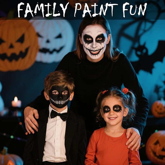 Black Face Body Paint Kit for Kids & Adults, Non-Toxic Water-Based Professional Face Painting Palette with Brushes for Halloween Clown Goth Vampire SFX Makeup, Art Stage Cosplay Parties