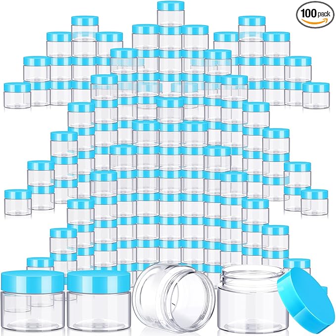 SATINIOR 100 Pcs Plastic Jars with Lids Small Containers Lids Wide Mouth Small Plastic Containers for Lotion Cream Rhinestones Body Butters Travel Storage(2 oz,Blue)