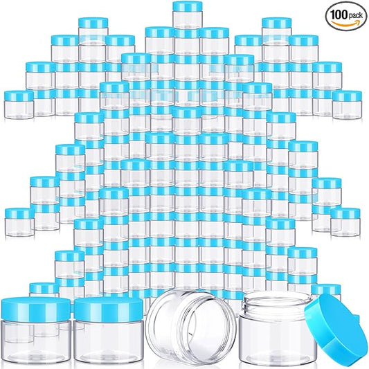 SATINIOR 100 Pcs Plastic Jars with Lids Small Containers Lids Wide Mouth Small Plastic Containers for Lotion Cream Rhinestones Body Butters Travel Storage(2 oz,Blue)