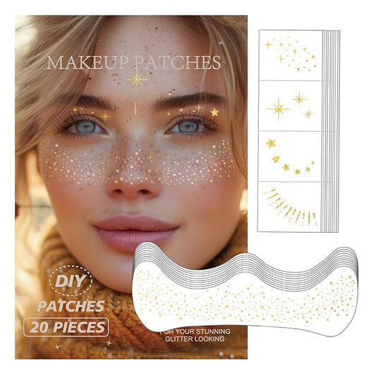 20 Pcs Gold Face Makeup Patches, Sparkle Makeup Patches, Glitter Freckles Face Tattoo, Glitter Freckles, Waterproof Face Glitter Speckles Patches for Helloween (GOLD)