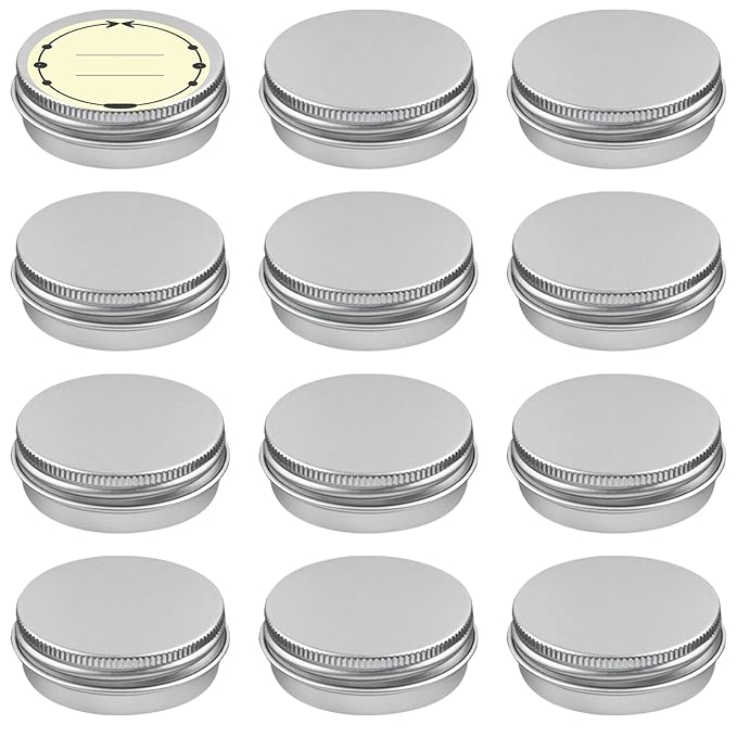 TUZAZO 12Pack 1/2 Oz Aluminum Tin Cans with Screw Lid and Labels, Refillable Travel Sized Cosmetic Containers Small Tins for Lip Balms, Salves, Lotion Bars, Candles