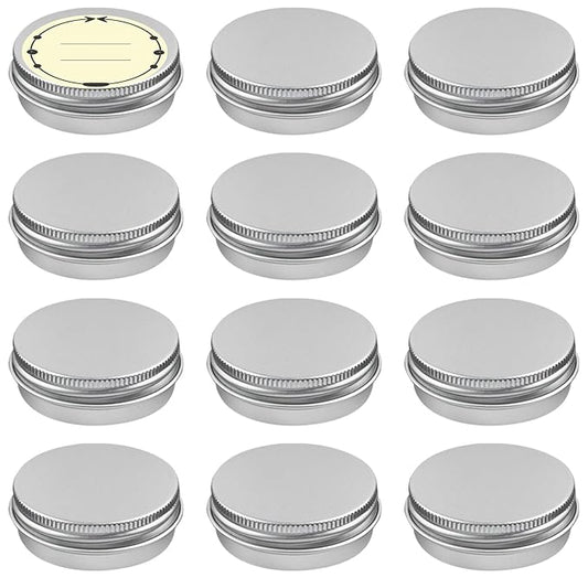 TUZAZO 12Pack 1/2 Oz Aluminum Tin Cans with Screw Lid and Labels, Refillable Travel Sized Cosmetic Containers Small Tins for Lip Balms, Salves, Lotion Bars, Candles