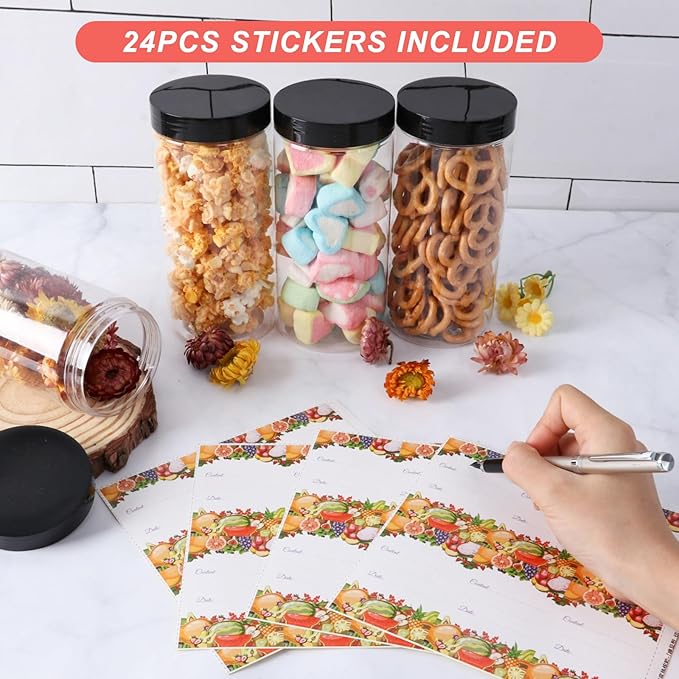 Plastic Jars with Lids 16 oz 24Pack,Empty Clear Plastic Jars with Lids for Storage, Round Leakproof Containers for Nuts,Cookies,Dried Fruit,Small Snacks(16fl.oz,set of 24)