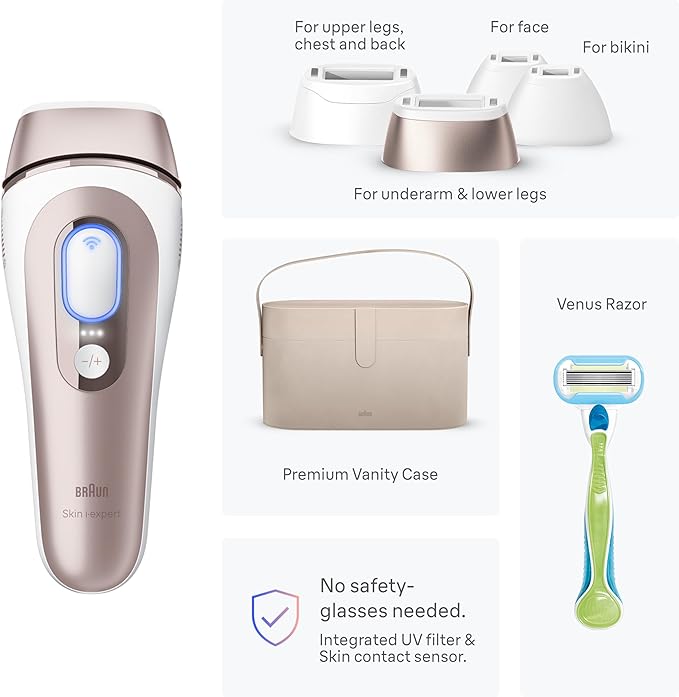Braun Smart IPL, Skin i·Expert Pro 7: at Home Laser Hair Removal, Permanent Visible Hair Reduction, Holiday Gifts for Women and Men with Free App, Vanity Case, Venus Razor, 4 Smart Heads, IPL7387