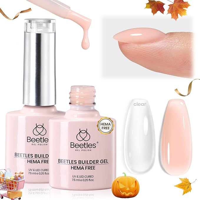 Beetles Builder Gel for Nails HEMA-Free,2 Colors 7 in 1 Clear & Nude Strengthener Gel for Building Nail Apex & Extension LED Lamp Cured Sensitive Nails Friendly for Beginners & DIY Fall Nails Salon