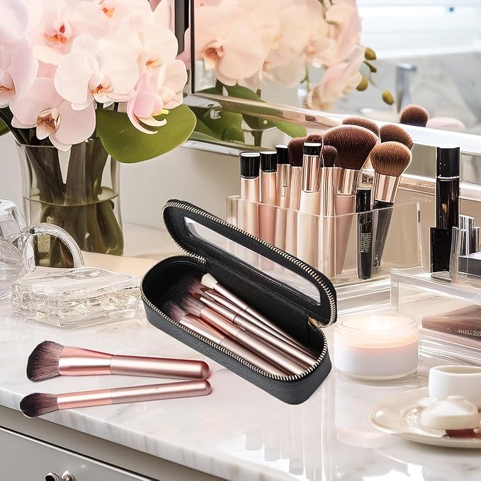 Pinkmik Makeup Brush Bag Slim Clear Makeup Bag Transparent Travel Cosmetic Case & Toiletry Bag with Zipper Small Beatuy Makeup Bag Purse Organizer for Women (Black, SLIM)