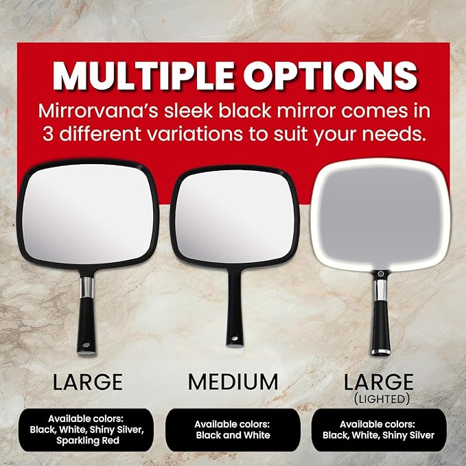 MIRRORVANA Hand Mirror with Ergonomic Handle - Handheld Mirror for Makeup, Home Haircuts, Dental and Barber Use, 8” x 11” (Black)