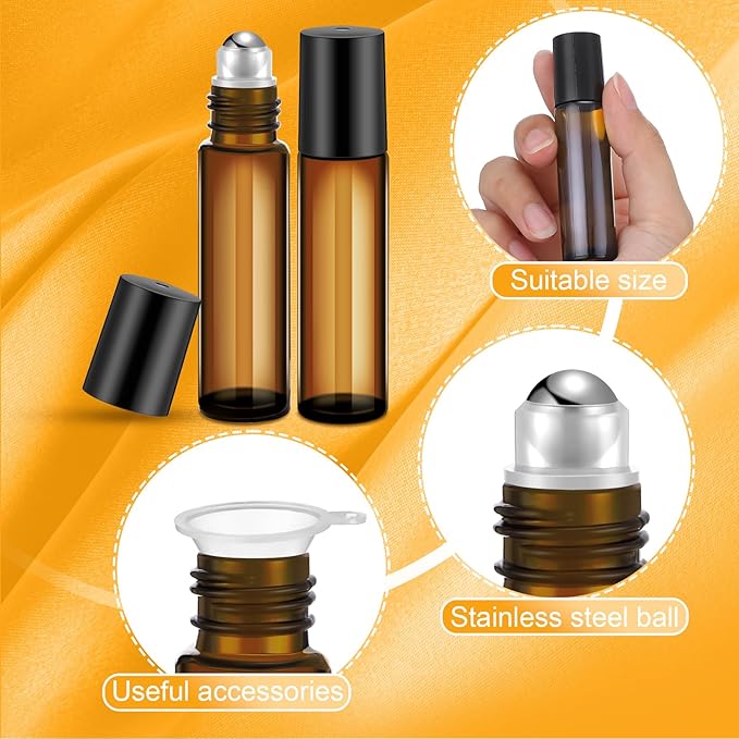 Sumind 150 Pcs Essential Oil Roller Bottles 10 ml Glass Empty Roll on Bottles with Stainless Steel Balls Leak Proof with 5 Funnel for Travel Essential Oil(Amber)