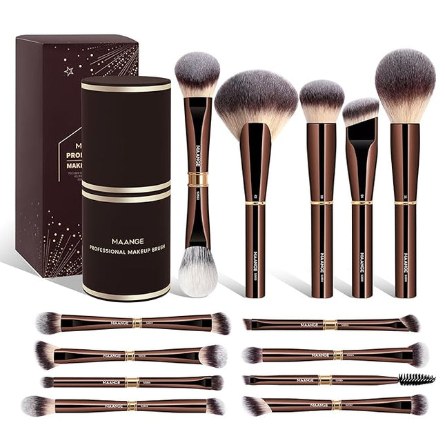 MAANGE 13Pcs Makeup Brushes with Case, Professional Brochas De Maquillaje for Face & Eyes, Soft Synthetic Foundation Powder Blush Eyeshadow Brush Kit with Gift Box,CoffeeBrown