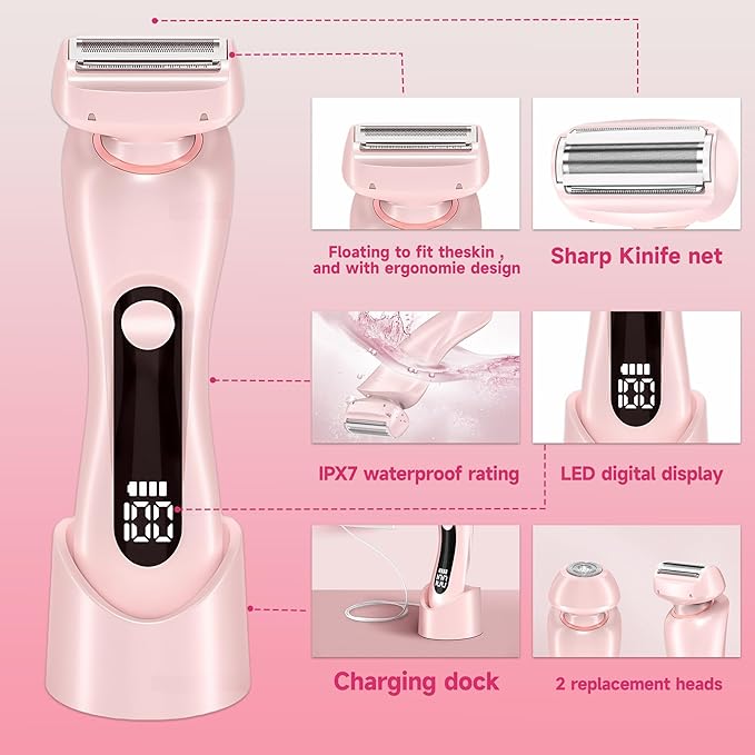 2 in 1 Electric Shaver for Women Wet Dry Dual Use IPX7 Waterproof with LED Display USB Recharge Dock Dry Use Body Hair Trimmer and Facial Hair Remover for Bikini Underarm Leg Arm Face (Pink)