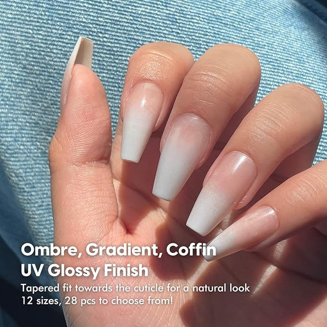 "BUFFI Press-On Nails Sugar Tips Long Coffin Shape Fake Nails with Glue | Classic French Gradient Ombre Effect | Nail Kit, File & Cuticle Stick | Durable Acrylic Nail Kit for Long Nails 28Pcs