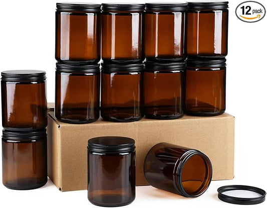 12 Pack Amber Glass Jars, 8 Oz Thick Amber Round Glass Jars, with Black Metal Lids, for Spice, Liquid, Sample, Leakproof and Dishwasher Safe