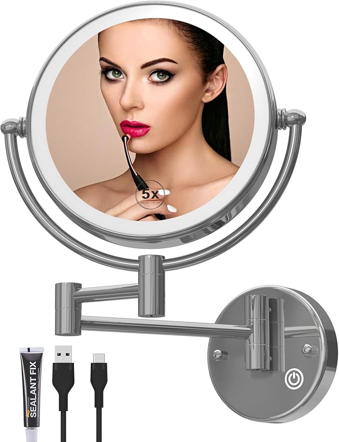 Wall Mounted Lighted Makeup Mirror with Magnification 5X, Rechargeable Magnifying Shaving Cosmetic Mirror with Extendable Swing Arm for Bathroom, Touch Stepless Dimming, Chrome