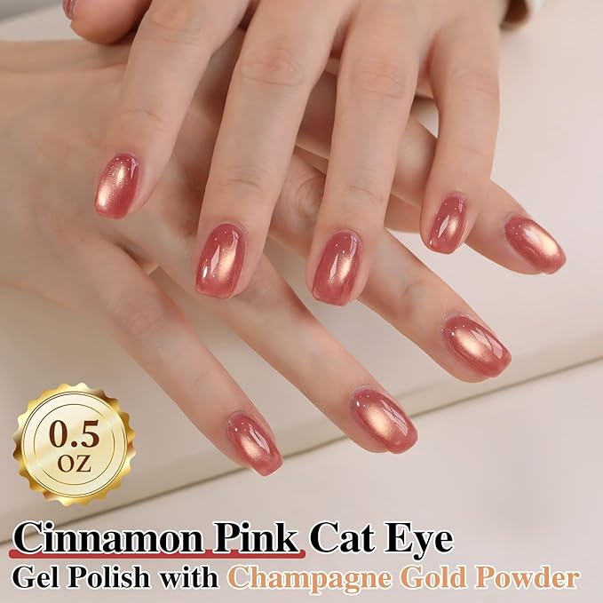 Double Rhythm 0.5 OZ Cat Eye Gel Polish with Magnet 15ML Holographic Glitter Shimmer Translucent Jelly Color Magnetic Nail Polish Salon DIY at Home (Cinnamon Pink-MC1269)