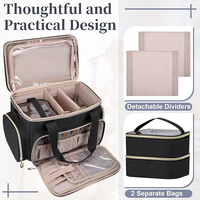 Large Makeup Bag, Portable Travel Makeup Bag Organizer for Women Girls with 2 Removable Pouches & Detachable Dividers, Cosmetic Travel Bag, Toiletry Bag for Makeup and Hair Supplies Black