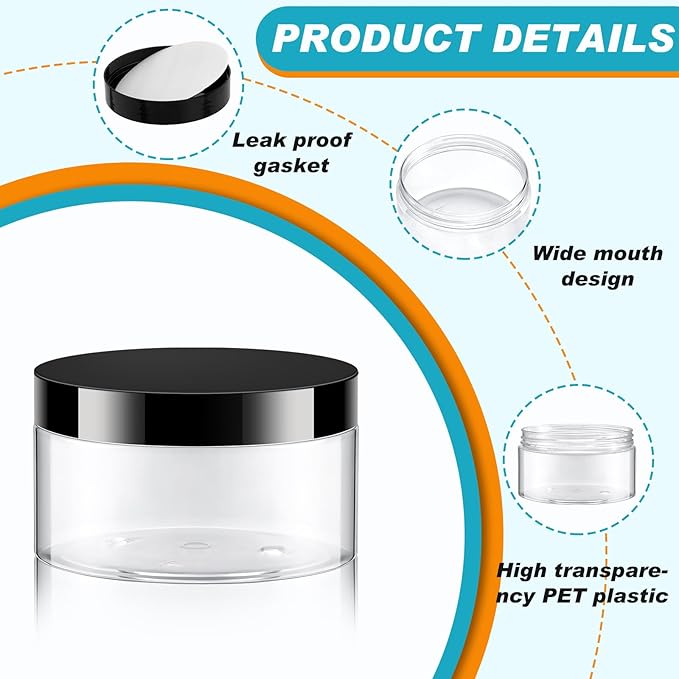 Uiifan 48 Pcs 8 oz Plastic Jars with Lids &labels, Empty Refillable Cosmetic Leak Proof Containers for Cream Body Butters Powder Ointment Lip Scrub(Clear with Black Lids)
