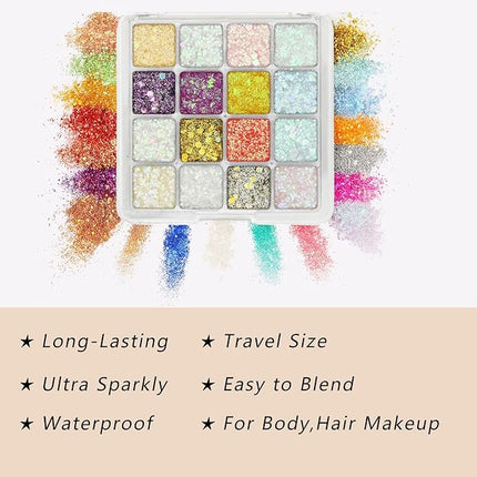 K'APEINE Eyeshadow Palette, 16 Colors Glitter Eyeshadow Chunky Pressed Sparkle Eye Shadow Powder Makeup Pallet Ultra Shimmer Makeup Kit Highly Pigmented Long Lasting Waterproof for Face Body