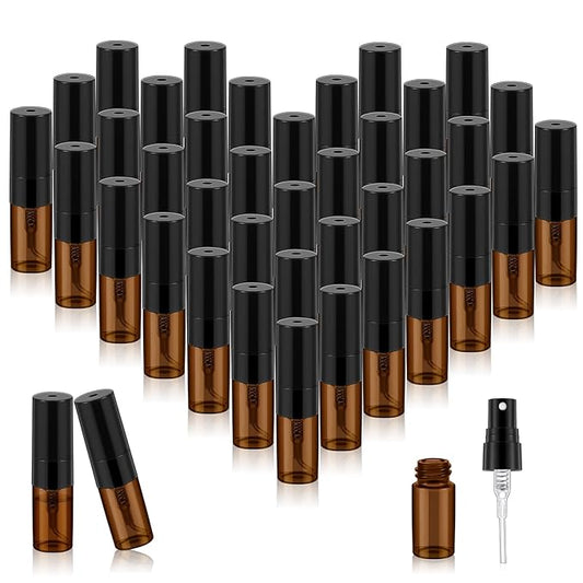 Zhehao 50 Pcs Mini Spray Bottles 2 ml Clear Glass Perfume Bottles Refillable Fine Mist Perfume Atomizer Portable Empty Sample Containers for Cleaning, Essential Oils, Travel (Amber)