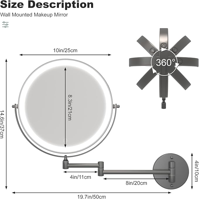 Hasipu 10-Inch Wall Mounted Makeup Mirror with Magnification, Rechargeable 3000 mAh Vanity Mirror with Lights, Bathroom Mirror with Dimmable Brightness, 3 Lighting Modes, Extendable Arm, Black