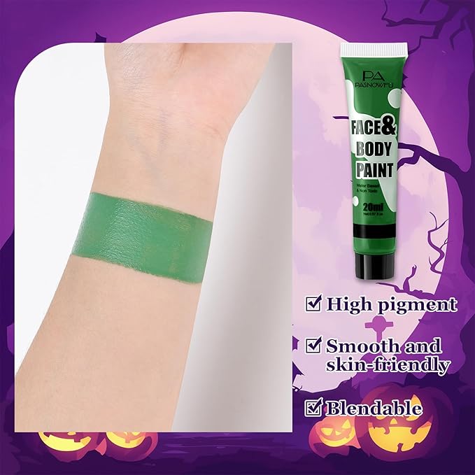 Green Face Paint - Professional Water-Based Non-Toxic Body Painting for Witch Frankenstein's Monster Halloween SFX Cosplay, Highly Pigmented Washable paint for Costume Party Stage Performance