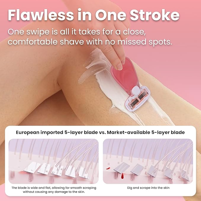 Women Razors for Sensitive Skin, Travel Razors Shaving Kit Essential - 5-Blade for Sensitive Skin - Bikini, Legs, Underarms - 1 Handle & 3 Refill Cartridges - Pink