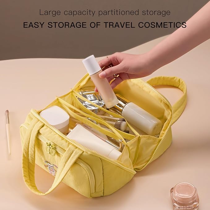 Makeup bag, Large Capacity Cosmetic Bag for Women, Portable Wide-open Toiletry Bag, Travel Makeup Bag with TPU Compartments for Accessories, Essentials, Toiletries, Makeup Brush Bag, Yellow
