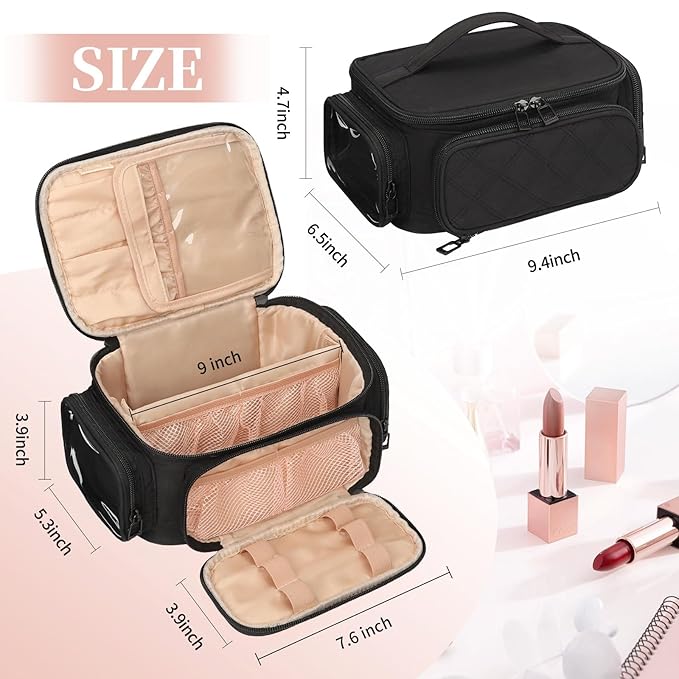 OCHEAL Makeup Bag,Travel Makeup Organizer Bag for Women with Zipper Pouch and Side Pocket, Multifunctional Compartments and Dividers,Toiletry Make up Case for Toiletries, Brushes & Beauty Tools-Black