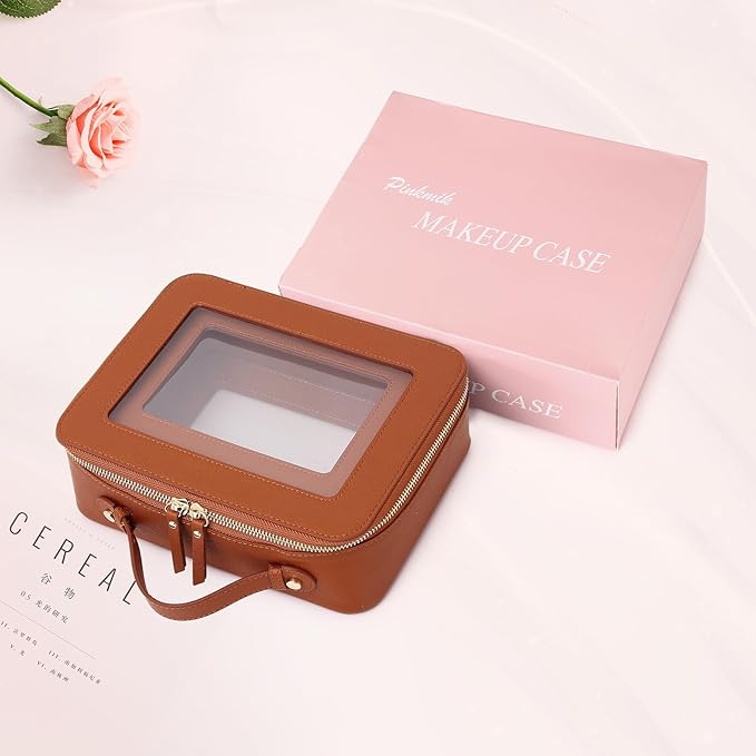 Pinkmik Clear Makeup Bag for Women Waterproof Travel Cosmetics and Toiletries Case Portable Makeup Oaganizer Bag Clear Car Bag with Zipper (X/Brown, M+L)