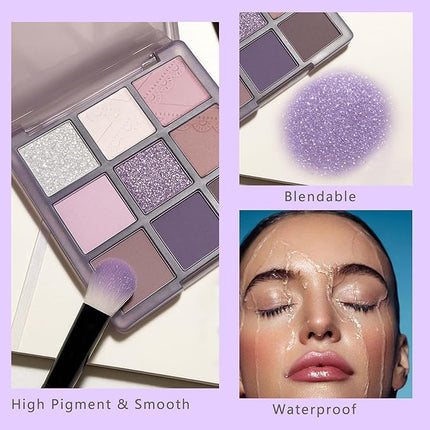 K'APEINE 9 Colors Eyeshadow Palette, Purple Glitter Pink Matte Eye Shadow Brown Nude Eye Makeup Palette Shimmer Sparkly Eyeshadow Kit for Women Cosplay Halloween Ursula Witch Costume Parties-purple