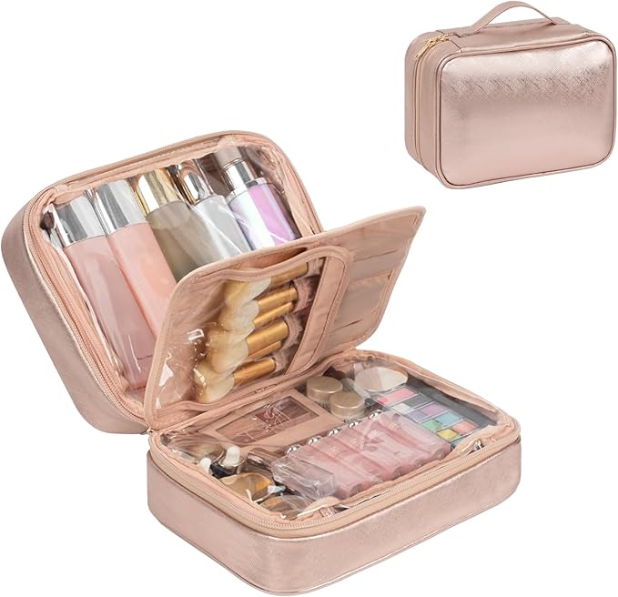OCHEAL Makeup Bag, Makeup Travel Bag Large Capacity Cosmetic Organizer with Makeup Brush Compartment & Handle for Women Girls Travel Toiletry Accessories-Rose Gold