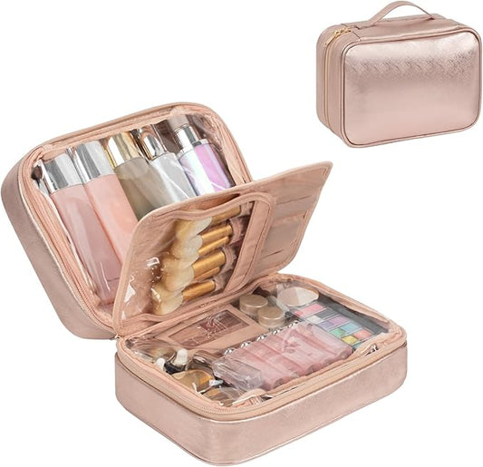OCHEAL Makeup Bag, Makeup Travel Bag Large Capacity Cosmetic Organizer with Makeup Brush Compartment & Handle for Women Girls Travel Toiletry Accessories-Rose Gold