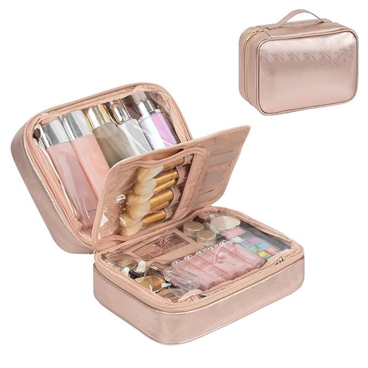 OCHEAL Makeup Bag, Makeup Travel Bag Large Capacity Waterproof Cosmetic Organizer with Makeup Brush Compartment & Handle for Women Girls Travel Toiletry Accessories-Rose Gold