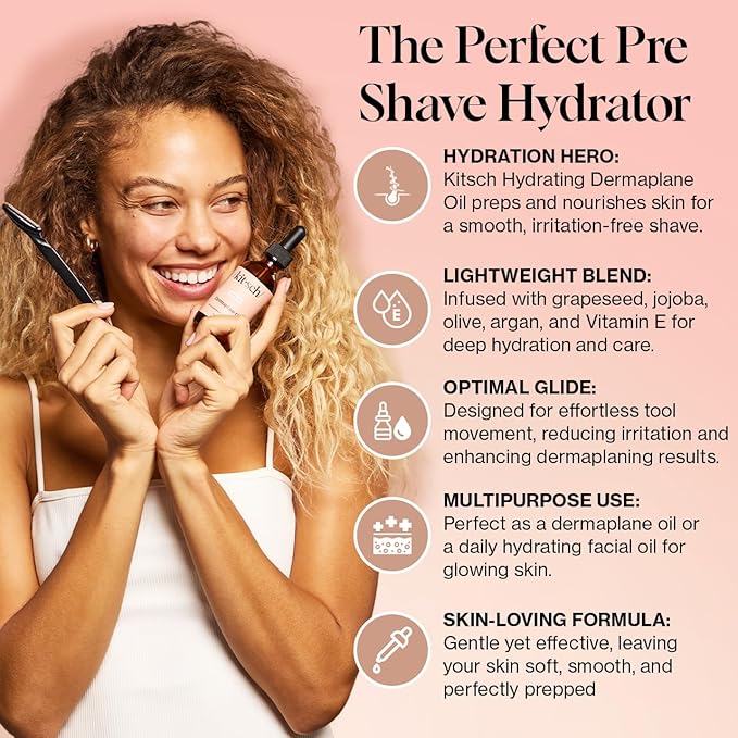 Kitsch Dermaplane Face Oil with Jojoba & Argan Oil – Hydrating Facial Formula for Dermaplaning Tool, Gua Sha & Razor Use – Irritation-Free Shave Oil for Soft, Radiant Skin – 2oz