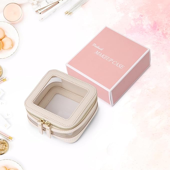 Pinkmik Clear Small Makeup Bag Mini Cosmetic Makeup Case & Toiletry Bag with Zipper,Cute Purse Organizer,Car Essentials for Women (Beige, MINI-2)