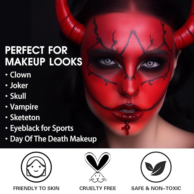 BOBISUKA Red Face Paint, Blendable Cream Body Painting Kit, Eye Black for Sports, Facepaint for Clown Joker Demon Devil Vampire Halloween Makeup, Cosplay, Costume, Parties, Stage, Theater