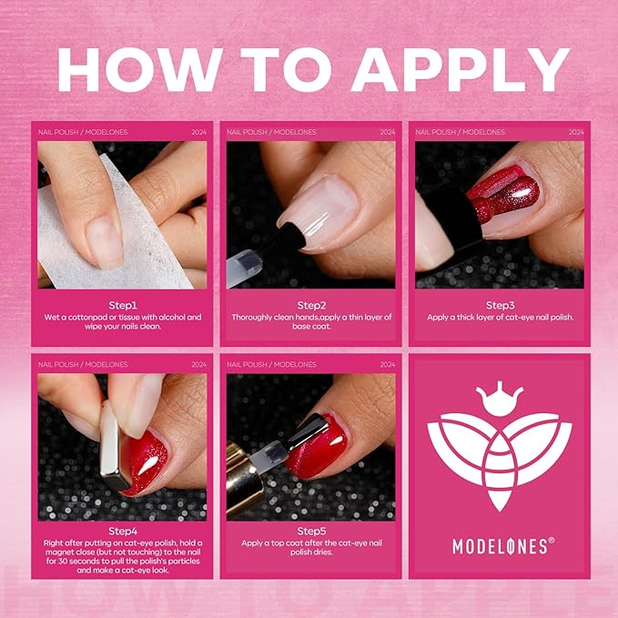 modelones Cat Eye Nail Polish Set, 6 Colors Magnet Dark Red Black Pink Shimmer Glitter Quick Dry Nail Polish Set Bulk Manicure Diy Nail Art Salon Home Gift for Women Girl