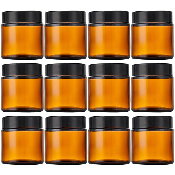 4 Oz Amber Round Glass Jars with Inner Liners and Black Lids(12PCS) Empty Cream Containers Refillable Cosmetic Vials for Cosmetics, Lotions, Ointment, Body Scrubs & Balms