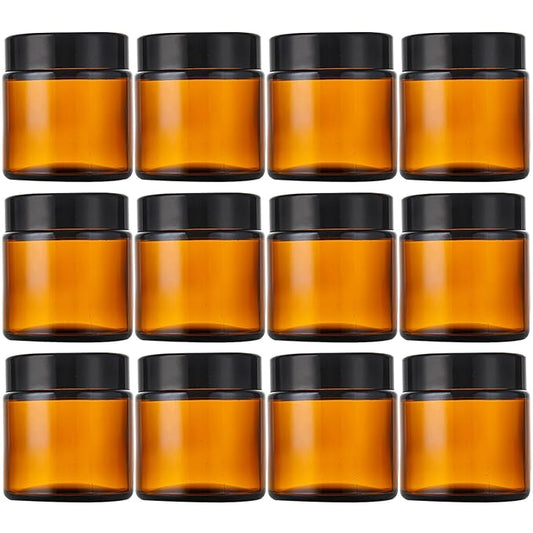 4 Oz Amber Round Glass Jars with Inner Liners and Black Lids(12PCS) Empty Cream Containers Refillable Cosmetic Vials for Cosmetics, Lotions, Ointment, Body Scrubs & Balms